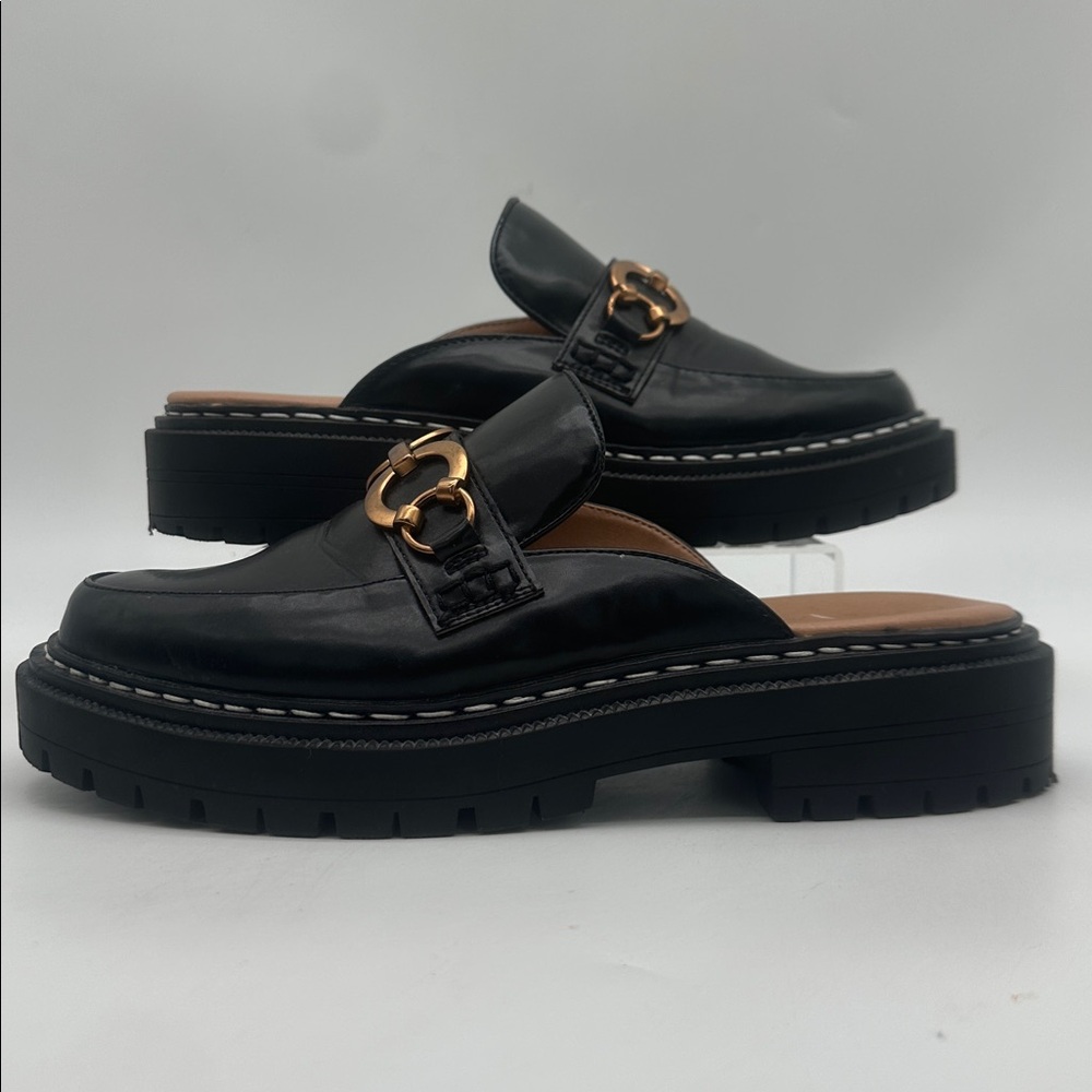 Black Leather Slip-On Mule Loafers with Gold Chain Detail